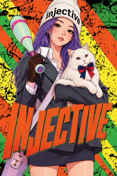 An anime-style illustration shows a purple-haired character wearing a beanie labeled 'injective', holding a baseball bat and a white cat with a red bow, against a vibrant orange and yellow background with 'INJECTIVE' in large red letters.
