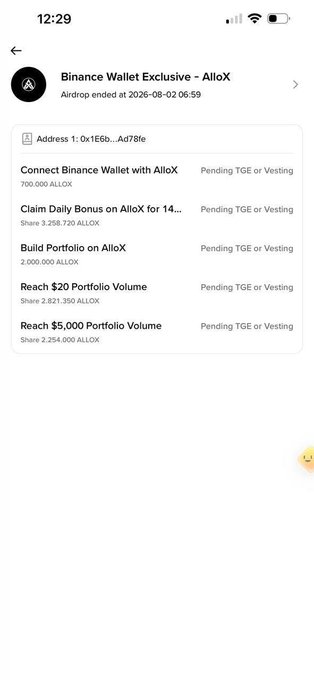 A mobile screenshot of the Binance Wallet Exclusive - AlloX airdrop page showing tasks such as 'Connect Binance Wallet with AlloX' and various portfolio volume milestones, all marked as 'Pending TGE or Vesting'.