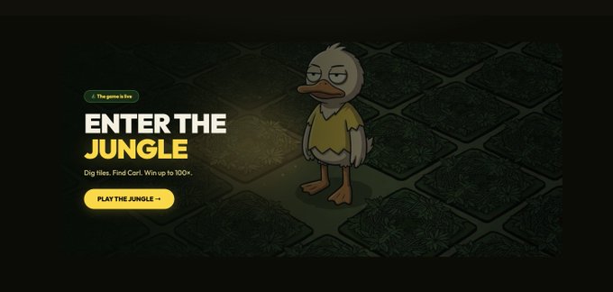 Promotional graphic for 'The Jungle' game featuring a cartoon duck character, with the tagline 'Dig tiles. Find Girt. Win up to 100x.' and a 'PLAY THE JUNGLE' button.