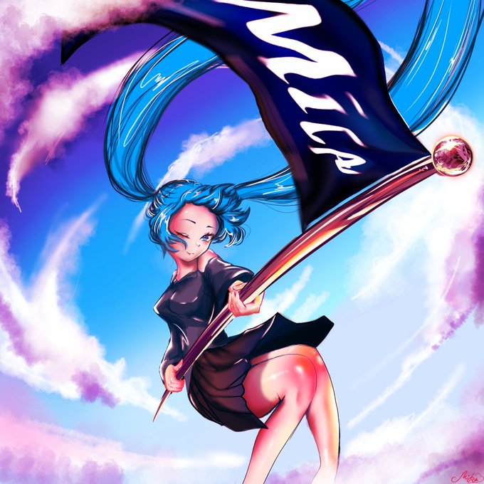 An anime illustration of a blue-haired female character in a black dress wielding a large flag with stylized text, posed dynamically against a sky with purple clouds.