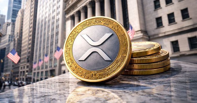 A stack of gold XRP (Ripple) cryptocurrency coins displayed on a marble surface with the Wall Street Stock Exchange building and American flags blurred in the background.