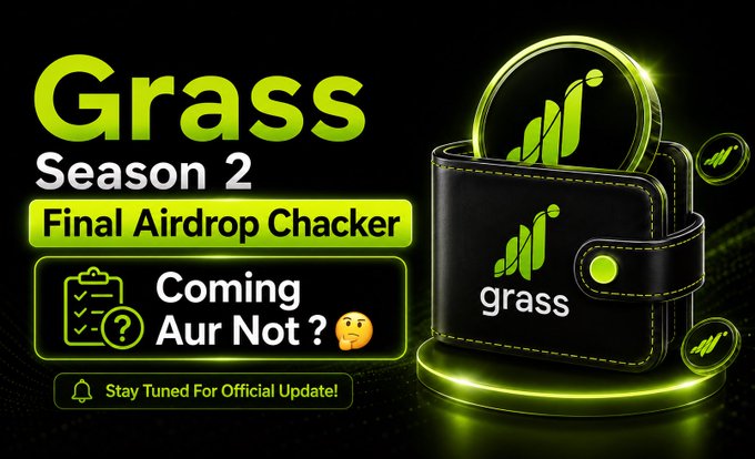 A promotional graphic featuring a glowing green "Grass" branded wallet on a pedestal with text reading "Grass Season 2 Final Airdrop Checker - Coming Aur Not? 🤔 - Stay Tuned For Official Update!" The image visually emphasizes the uncertainty surrounding the Grass Season 2 airdrop checker, matching the post's concern that it's a reward checker rather than the official final airdrop eligibility checker promised by the team.