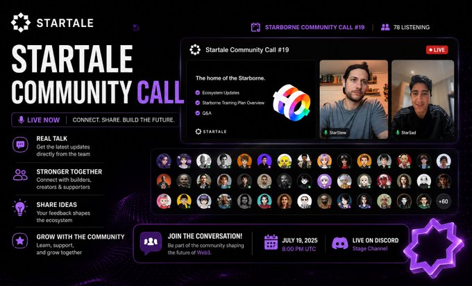A promotional graphic for 'STARTALE COMMUNITY CALL #19' featuring speakers StartGwei and StarSied, scheduled for July 19, 2025 at 8:00 PM UTC on Discord, with 78 listening.