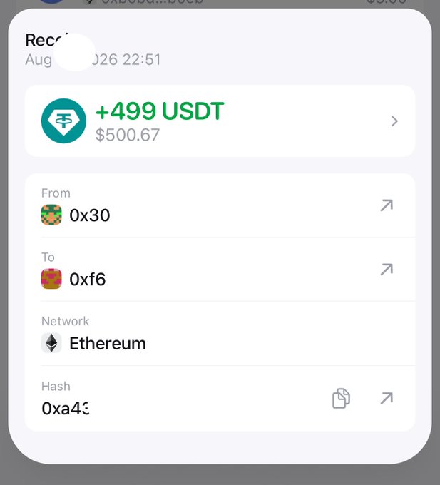 A cryptocurrency wallet notification showing a received transaction of +499 USDT ($500.67) on the Ethereum network, sent from address 0x30 to 0xf6, celebrating a successful month in web3 work.