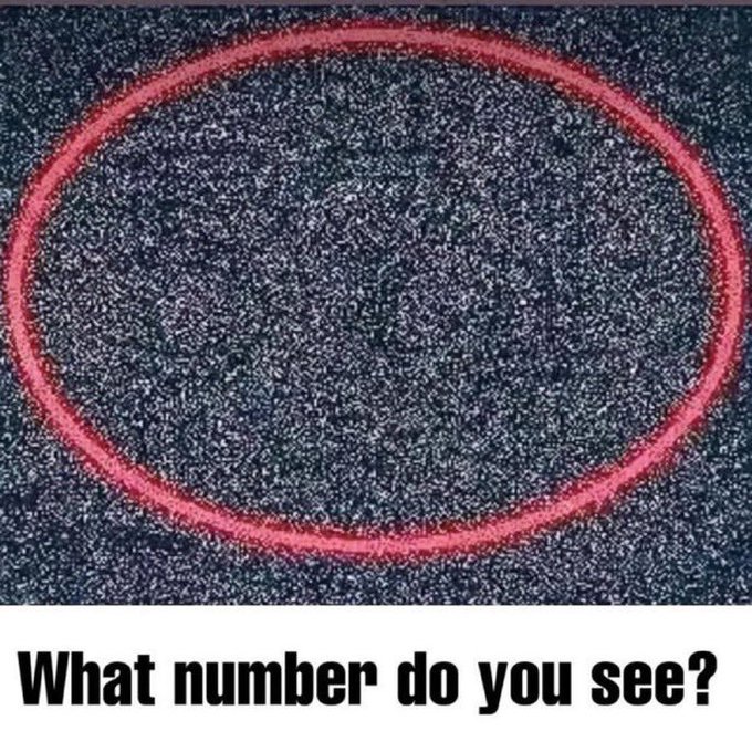 The image shows a pink oval drawn in chalk or marker on a textured asphalt surface, with the caption "What number do you see?" displayed below, playing on the optical illusion of seeing either a 0 or a 6 depending on orientation.