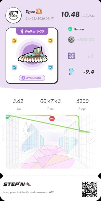 A digital fitness tracking app displays a purple background with white text, including a cartoon cat logo and a map of the user's location.