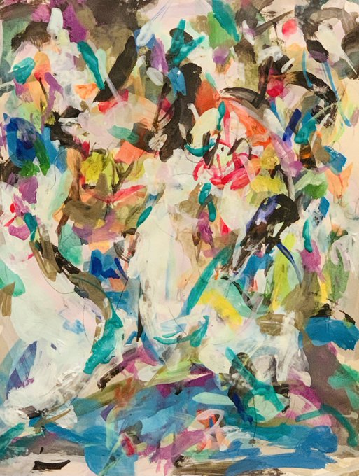 An abstract, colorful painting composed of loose, expressive brushstrokes in shades of white, blue, green, pink, and black, without distinct recognizable subjects.