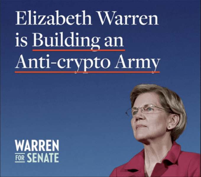 A promotional image featuring Senator Elizabeth Warren with the headline "Elizabeth Warren is Building an Anti-crypto Army" and a "Warren for Senate" logo, relating to the post's criticism of her opposition to cryptocurrency despite crypto's success.