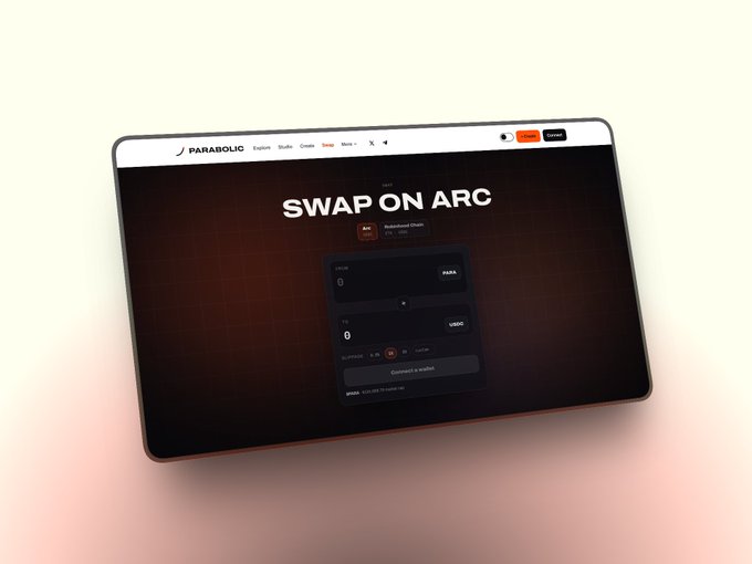 A tablet displayed at an angle shows the Parabolic website's "SWAP ON ARC" page, featuring a token swap interface for exchanging RARA and USDC tokens on the Robinhood Chain via Uniswap pools. This visually corresponds to the post announcing the new swap feature for Arc and Robinhood Crypto chains.