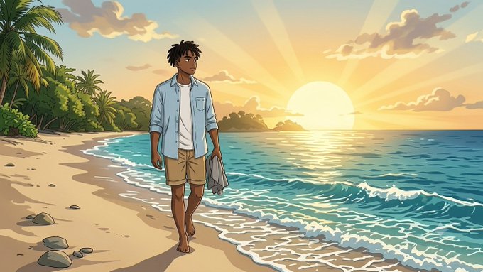 An animated illustration of a young man with dreadlocks wearing a light blue shirt and khaki shorts walking barefoot on a beach at sunset.