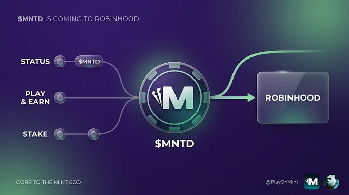 A graphic announcing '$MNTD IS COMING TO ROBINHOOD' with a flow diagram connecting STATUS, PLAY & EARN, and STAKE features to the Robinhood platform.