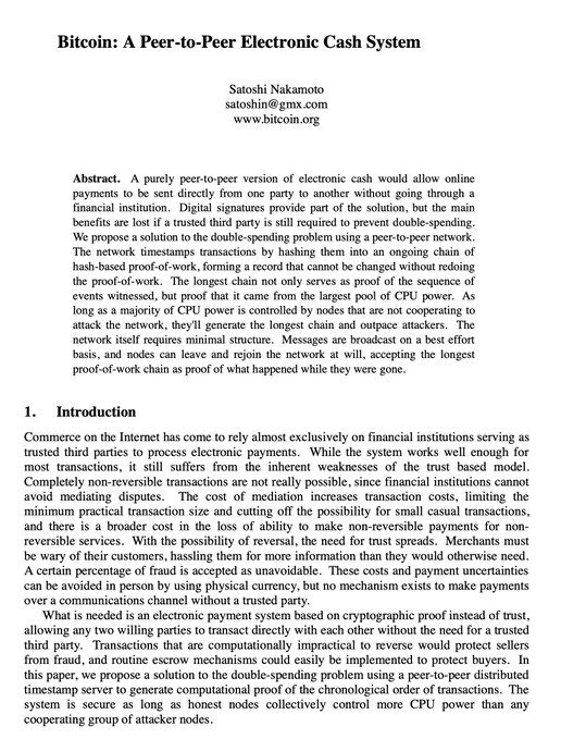 The image shows the first page of Satoshi Nakamoto's "Bitcoin: A Peer-to-Peer Electronic Cash System" whitepaper, including the abstract and the beginning of the introduction section. The accompanying post explains that this whitepaper has been embedded contiguously within a BIP110-valid Bitcoin transaction, taking advantage of BIP110's larger block space to fit the document at roughly one-fourth the cost compared to standard Core OP_RETURN limits.
