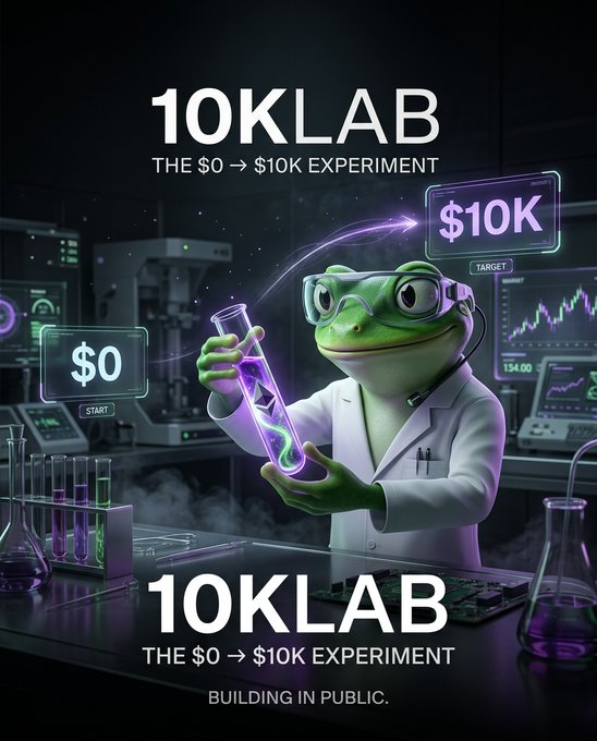 A promotional image for '10KLAB - The $0 → $10K Experiment' featuring an animated frog in a lab coat holding a glowing test tube, with charts showing progress from $0 to a $10K target, labeled 'BUILDING IN PUBLIC'.