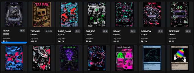 A digital storefront displays a grid of glitch-art style NFT cards for sale, featuring titles like "REIGN", "TAXMAN", "BIANG BANG", "BOT ROT", "HEAVY", "OBLIVION", and "SIDEWAYZ", each with their prices in USDT.