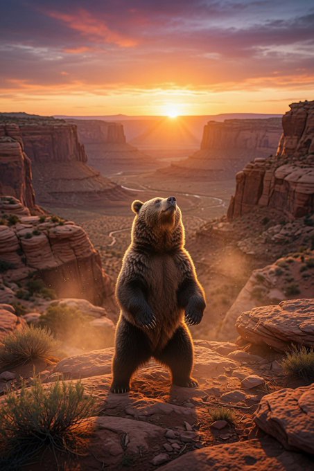 A majestic brown bear standing on its hind legs on a cliff edge, silhouetted against a stunning sunset over a desert canyon landscape.