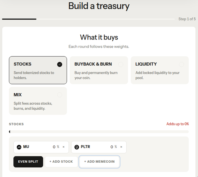 A 'Build a treasury' setup screen (Step 1 of 5) showing options for 'STOCKS', 'BUYBACK & BURN', 'LIQUIDITY', and 'MIX', with 'STOCKS' selected and tickers 'MU' and 'PLTR' currently set to 0%.