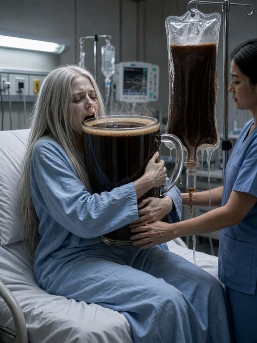 Surreal image of an elderly patient in a hospital bed receiving an IV of coffee while clutching a large mug of coffee, with a nurse attending to them.