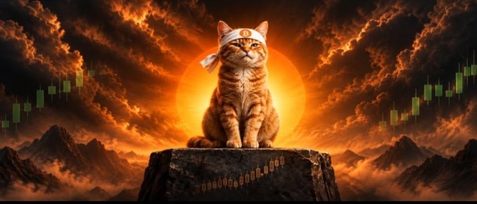 A stylized cat wearing a headband sits on a pedestal before a glowing orange sun, dramatic clouds, mountains, and green candlestick-chart elements.