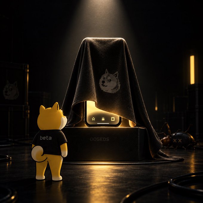 A Shiba Inu figure wearing a "beta" shirt gazes up at a Doge-themed device dramatically unveiled under a cloth, with "DOGEOS" inscribed on its pedestal—perfectly teasing the post's promise that "soon is sooner than you think."