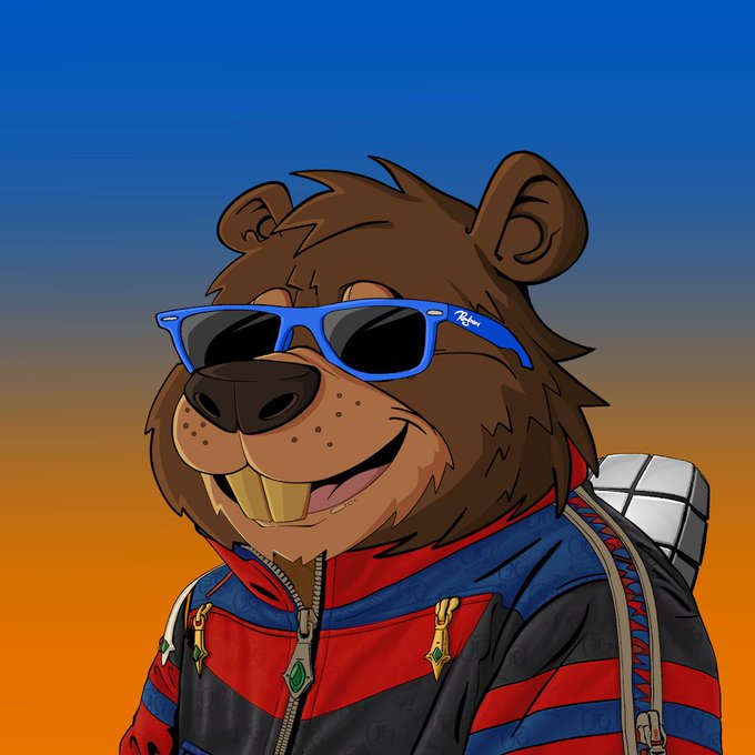 The same cartoon beaver character now wears blue Ray-Ban sunglasses and a colorful jacket, set against an orange sunset background.