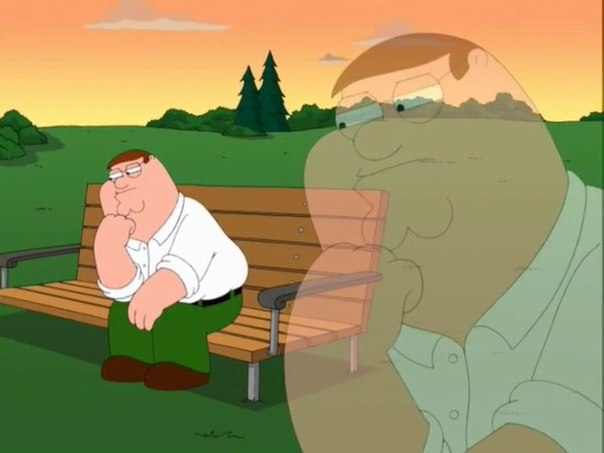 A scene from the animated show Family Guy showing Peter Griffin sitting on a park bench deep in thought, with a large faded overlay of his own face appearing on the right side of the frame.