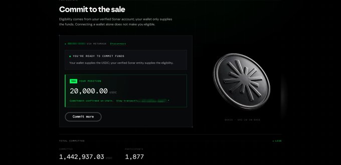 A cryptocurrency presale website interface titled 'Commit to the sale' displaying a 'YOU'RE READY TO COMMIT FUNDS' message, showing '20,000.00 USDC' as the position amount, with totals of '1,442,937.03' committed and '1,877' participants next to a black coin token.