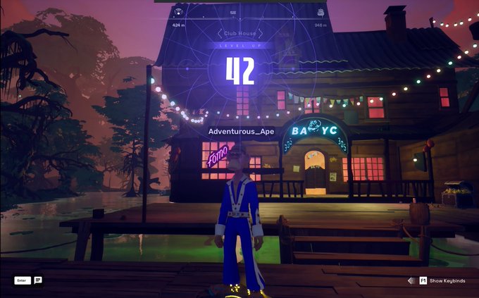 An avatar named "Adventurous_Ape" stands before a neon-lit "BABYC" clubhouse displaying a level indicator of "42," with the user's caption expressing their goal to reach level 60 and proclaiming "Apechain on TOP" in relation to their avatar's progress.