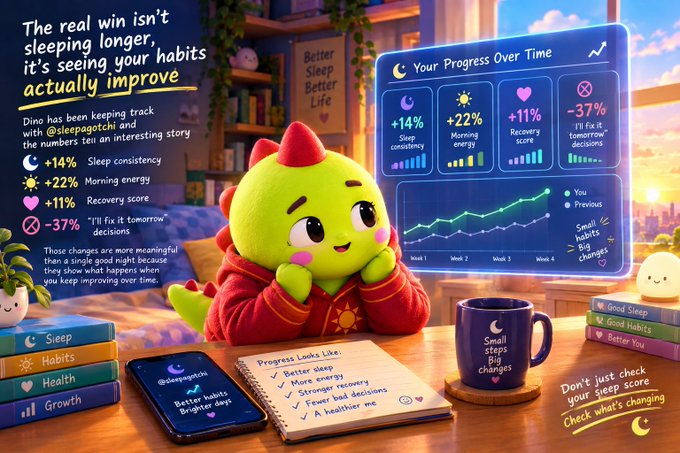 A promotional infographic for @sleepagotchi features a green dinosaur mascot in pajamas surrounded by sleep tracking stats showing +14% sleep consistency, +22% morning energy, +11% recovery score, and -37% "I'll fix it tomorrow" decisions, alongside books labeled Sleep, Habits, Health, and Growth.