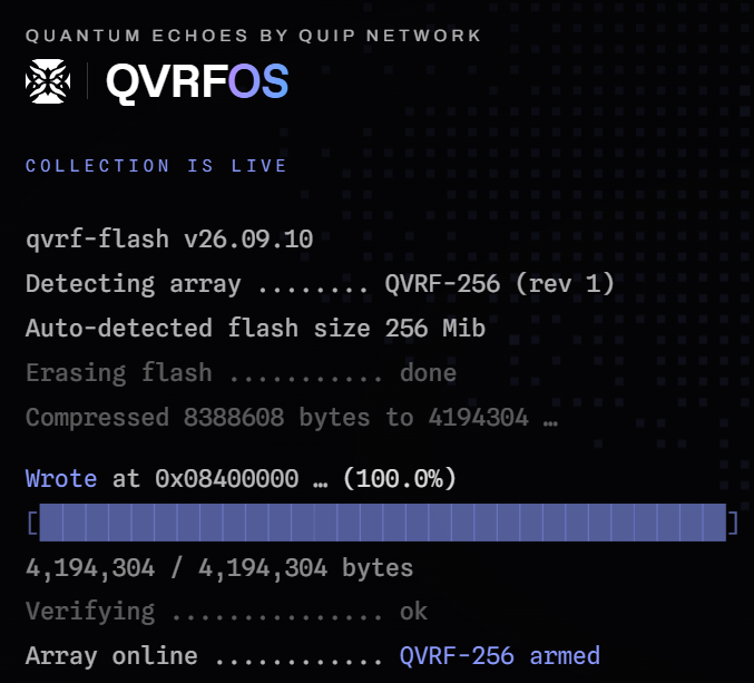A terminal screen titled 'QUANTUM ECHOES BY QUIP NETWORK' and 'QVRFos' showing a flash process for qvrf-flash v26.09.10, with the QVRF-256 array detected, erased, and successfully armed after writing 4,194,304 bytes.
