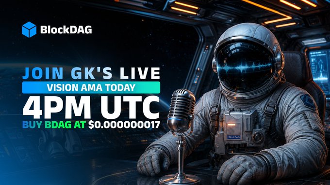 An astronaut in a futuristic cockpit sits before a vintage microphone, with the text "BlockDAG" and "JOIN GK'S LIVE VISION AMA TODAY, 4PM UTC" alongside a call to "BUY BDAG AT $0.000000017." The sci-fi imagery visually reinforces the post's announcement of BlockDAG's "10-Year Vision" AMA event hosted by GK and Crypto Clash.