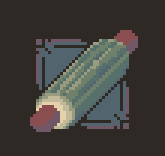 A pixel art illustration of a green and white cactus with purple-tipped ends, placed diagonally in front of two crossed grey swords on a black background.