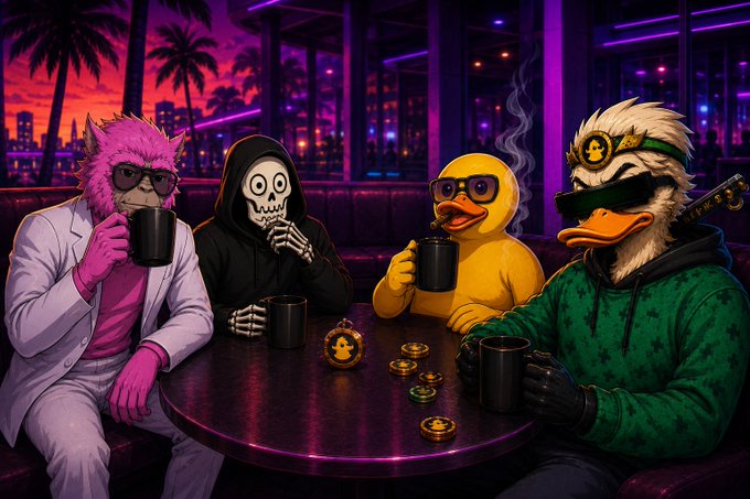 A neon-lit cyberpunk bar scene features four anthropomorphic characters — a pink gorilla in a white suit, a skeleton in a hoodie, a duck with glasses, and a duck ninja in green — drinking from black mugs around a table.