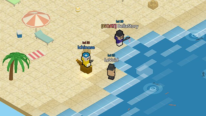 A pixel-art beach scene with characters labeled '[GOAT] BellaStory' (Lvl 22), 'Ichimose' (Lvl 12), and 'LeVoid' (Lvl 20).