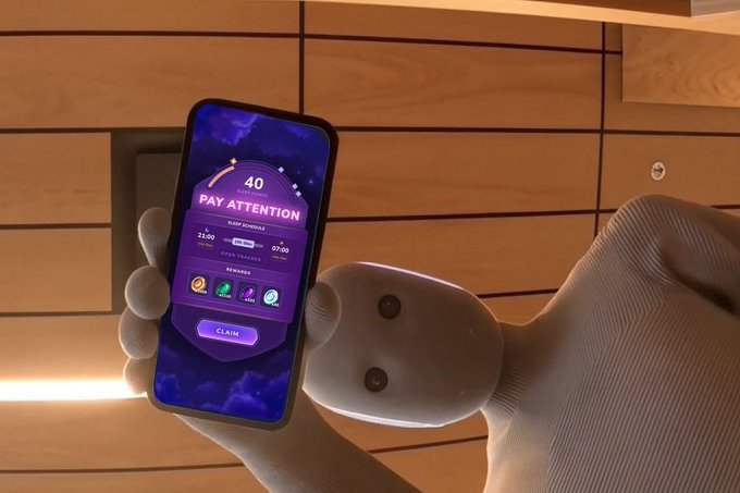A cartoonish white character with large eyes holds a smartphone displaying the "PAY ATTENTION" screen of the @sleepagotchi app, showing 40 sleep schedules and 07:00 open practice, alongside text praising the project's focus on solving real sleep-related problems. The image visually reinforces the post's message about cutting through attention-grabbing hype to address the fundamental issue of sleep and human performance.