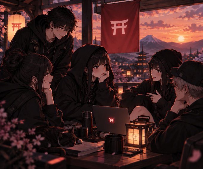 An anime-style illustration shows five dark-clad characters gathered around a table with a laptop and lantern, set against a sunset backdrop with cherry blossoms and a Japanese pagoda. A red banner displays the character '开'.