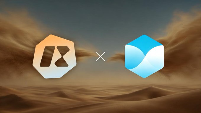 Two app icons—a hexagonal logo with an hourglass shape and a blue hexagonal icon with wave-like curves—displayed side by side against a desert landscape background.