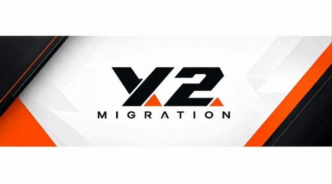 Logo design with the stylized text 'Y/2 MIGRATION' in black and orange on a white and gray geometric background.