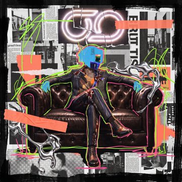 A vibrant, collage-style artwork features a blue-skinned figure sitting on a brown leather couch, surrounded by neon pink and green accents, newspaper clippings, and graffiti elements.