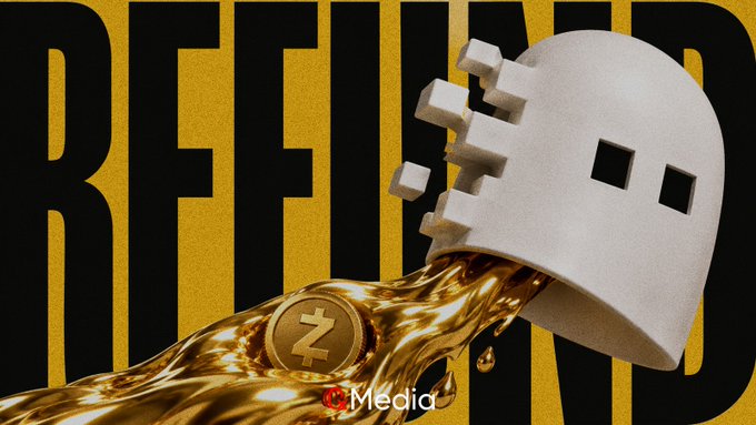 A 3D graphic of a white electrical plug dripping with golden liquid, with a Zcash coin visible in the liquid and the text 'Z REFILL' in large black letters on a yellow background; a 'Media' logo is at the bottom.