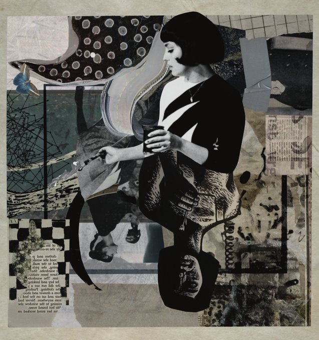A black and white photo collage of a woman with a bob haircut holding a cup, layered over newspaper clippings and checkered patterns.