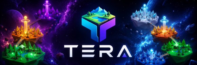 A colorful Terra logo graphic shows a floating, landscape-like cube above the large word “TERA,” surrounded by fantasy islands, trees, beams, and glowing circular markers.