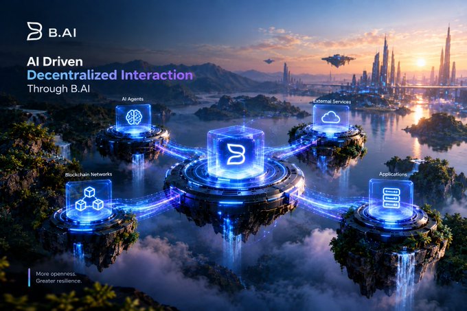A promotional graphic for B.AI featuring the text 'AI Driven, Decentralized Interaction, Through B.AI' over a futuristic floating islands landscape.