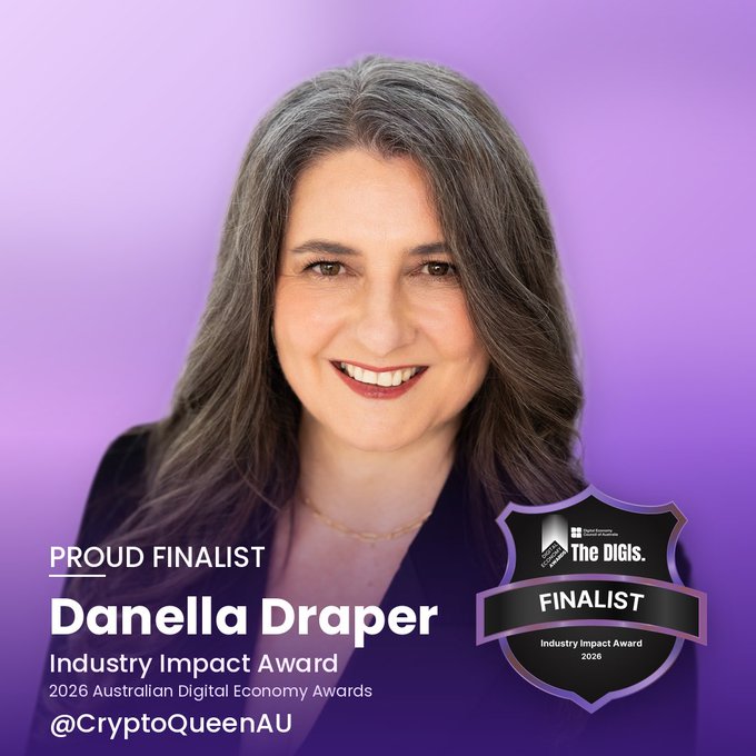 A promotional graphic featuring a smiling woman with long gray-streaked hair against a purple background, with text announcing "PROUD FINALIST Danella Draper, Industry Impact Award, 2026 Australian Digital Economy Awards, @CryptoQueenAU," alongside a "DIGIs Finalist" badge — visually complementing the post celebrating her nomination for the Industry Impact Award at the 2026 DIGIs.