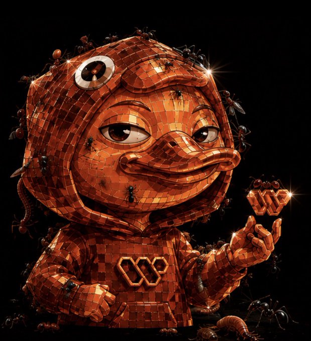 The image features a cartoon duck wearing an orange hoodie that has "Wallchain" written on it. The duck appears to be holding up a trophy or award, possibly for winning a competition or contest. There are also several other insects surrounding the duck in various positions and sizes.
