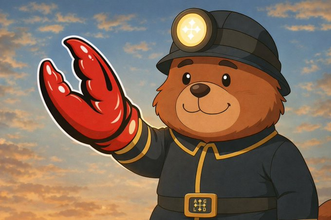 A cartoon illustration of a brown bear character wearing a miner's helmet with a headlamp, a dark uniform with gold trim, and a red lobster claw on one hand, set against a cloudy sky.