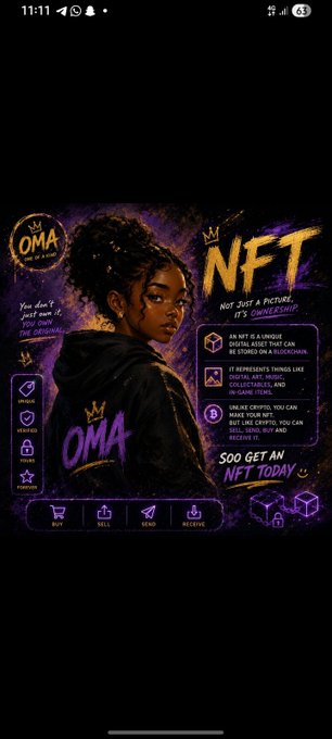 A mobile screen displays a purple-toned promotional graphic for an 'NFT' titled 'OMA', featuring an illustrated girl in a hoodie alongside text explaining that it is a digital asset representing digital and physical items, with navigation buttons for 'BUY', 'SELL', 'SEND', and 'RECEIVE'.