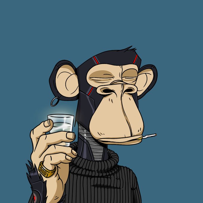 The image features a cartoon monkey wearing a black shirt, holding a glass of water with one hand while smoking a cigarette with the other. The caption reads "Is it just me, or is BAYC pfp energy coming back across X? Seeing celebrities start to pick them back up again ... feels like the hype cycle is about to restart". This suggests that there might be some connection between the monkey's actions and the post on social media.

The image also includes a person wearing a gold ring, which adds an interesting detail to the scene. The combination of these elements creates a visually engaging and thought-provoking image that captures the viewer's attention.