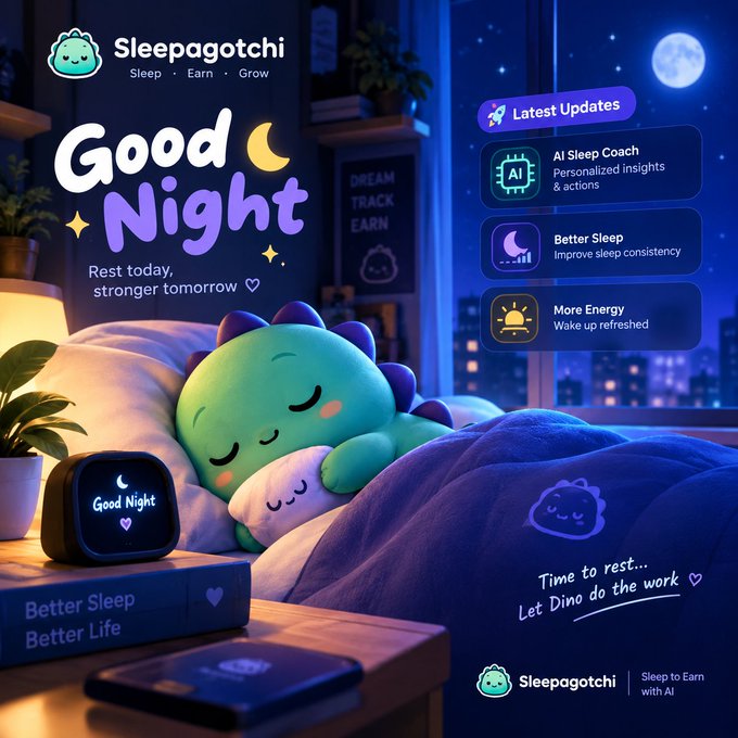 Sleepagotchi 'Good Night' promotional graphic featuring a sleeping dinosaur character with text 'Rest today, stronger tomorrow' and latest updates highlighting AI Sleep Coach, Better Sleep, and More Energy.