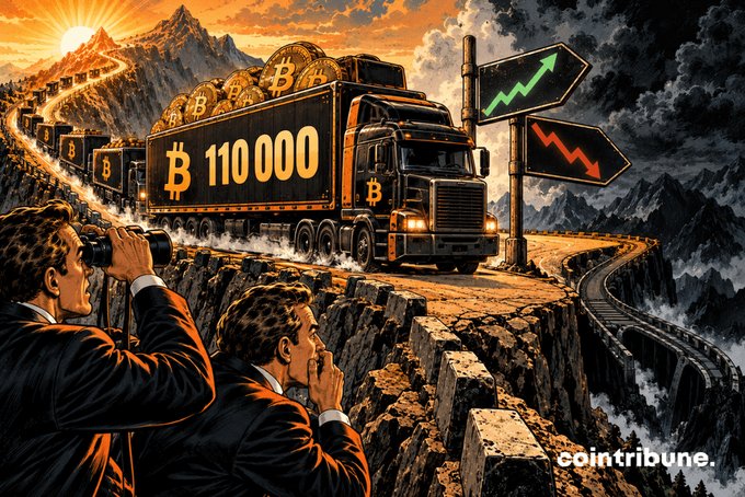 Illustration from cointribune.fr depicting a Bitcoin truck displaying 'B 110 000' driving on a mountain road, with men in suits observing through binoculars while green up and red down arrow signs point to potential price directions.
