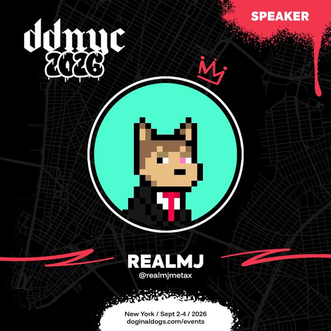 An event poster for 'ddmyc 2026' featuring a pixel art dog in a suit with a red tie, labeling 'REALMJ (@realmjmetax)' as a speaker for the New York Sept 2-4, 2026 event.